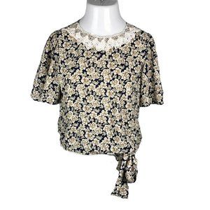 JF II Petites Vintage Blouse Shirt ~ Sz 12 ~ Blue & Beige Floral ~ Short Sleeve